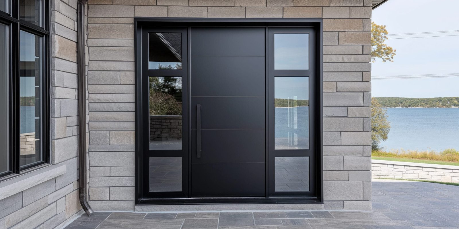 casa-contemporanea-encanto-casa-moderna-frente-al-lago-con-una-puerta-de-metal-y-vidrio-entrada-ia-generativa